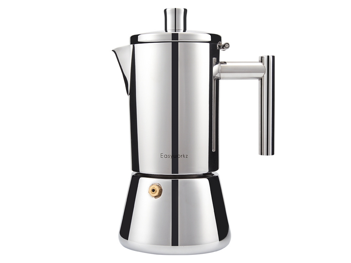 Cafetera italiana de acero inoxidable con acabado en madera de arce, ideal para espresso, capacidad para 6 tazas (300ml).