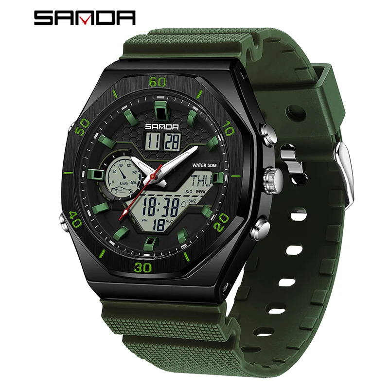 Reloj Digital Para Hombre (verde), Doble Pantalla, Tres Zonas Horarias, Resistente Al Agua Y A Los Golpes. Reloj Deportivo.