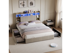 Cama De Matrimonio 140x200cm, Con 4 Cajones, Tapizada Con Led Y Usb, Cabecero Con Espacio De Almacenaje, Cama Funcional, Lino, Beige