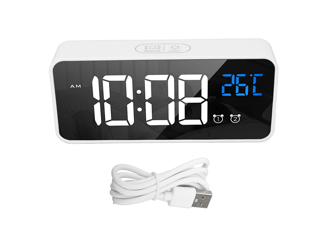 Espejo de mesa LED recargable Baok-recordel con 2 alarmas, activado por voz, digital, para dormitorio o mesita de noche, blanco.