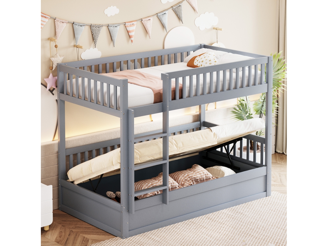 Litera Infantil De Madera De 90x200 Cm Con Robusto Armario Hidráulico Gris.