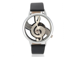 Reloj De Pulsera Analógico De Cuarzo Para Parejas Con Esfera Calada, Diseño De Notas Musicales Y Correa De Pu Negra.