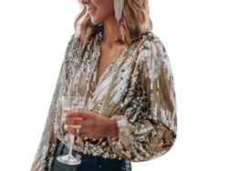 Camisa De Mujer Con Lentejuelas Cuello V Manga Larga Para Fiesta Oro Xxl