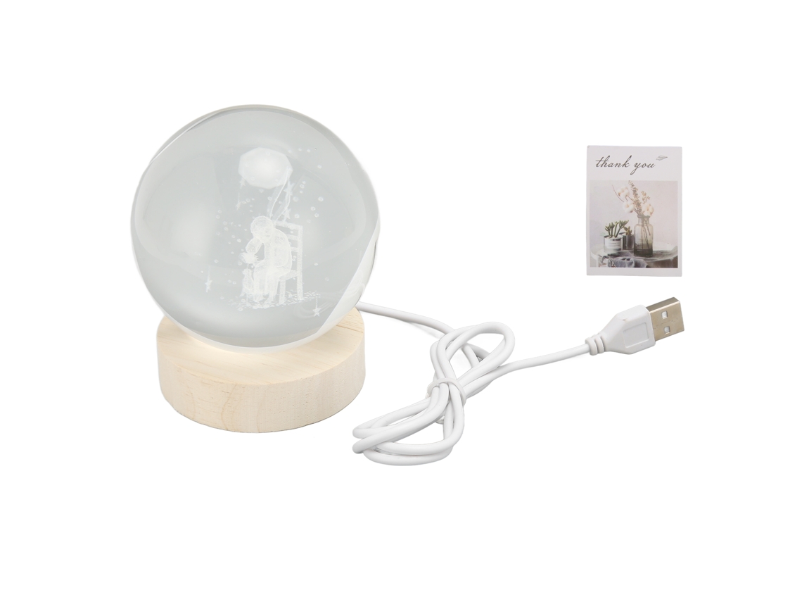 Lámpara de noche con forma de bola de cristal 3D, 7,9 cm, base de madera, conexión USB.
