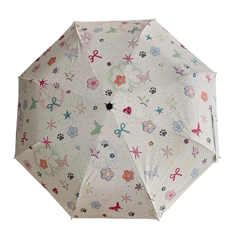 (star Butterfly Princess) Paraguas Ultraligero Plegable De Fibra De Carbono De Tres Secciones, Con Revestimiento Negro Para Protección Solar Y Contra Los Rayos Uv.