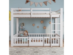 Cama Litera 90x200 - Cama De Madera Con Escalera En Ángulo, Barandilla Y Puerta, Protección Contra Caídas, Espacio Libre Debajo - Blanco