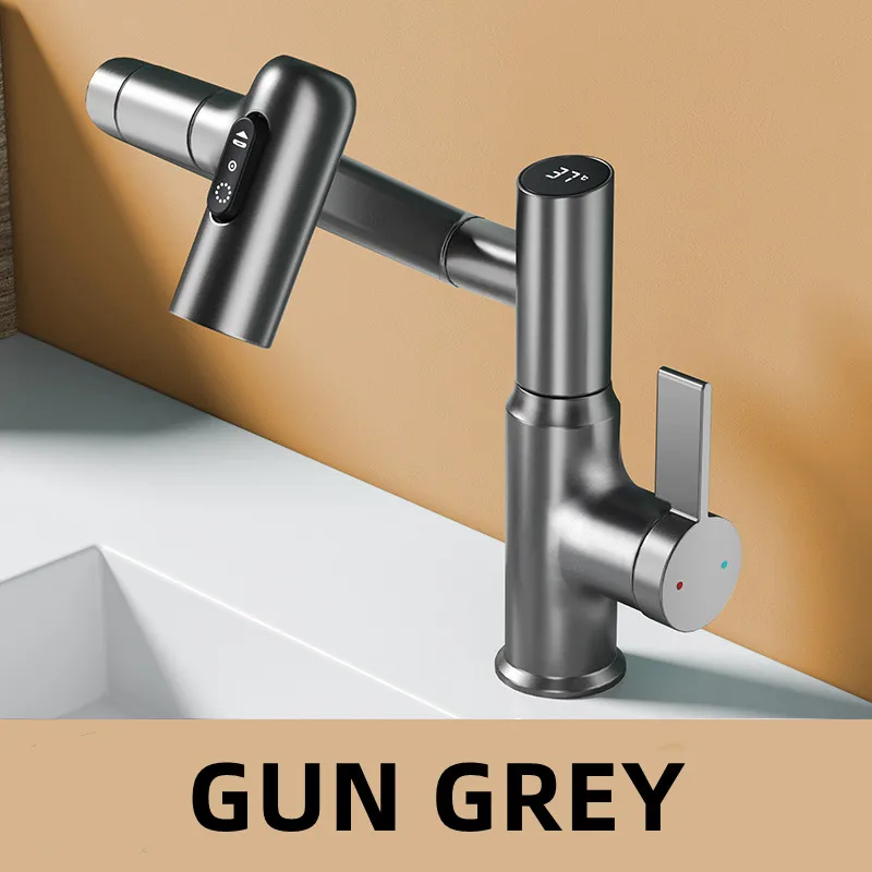 Grifo De Lavabo Con Pantalla Digital Led (gris) Y Cabezal De Ducha Multifuncional Giratorio De 360° Para Mezclar Agua Fría Y Caliente.