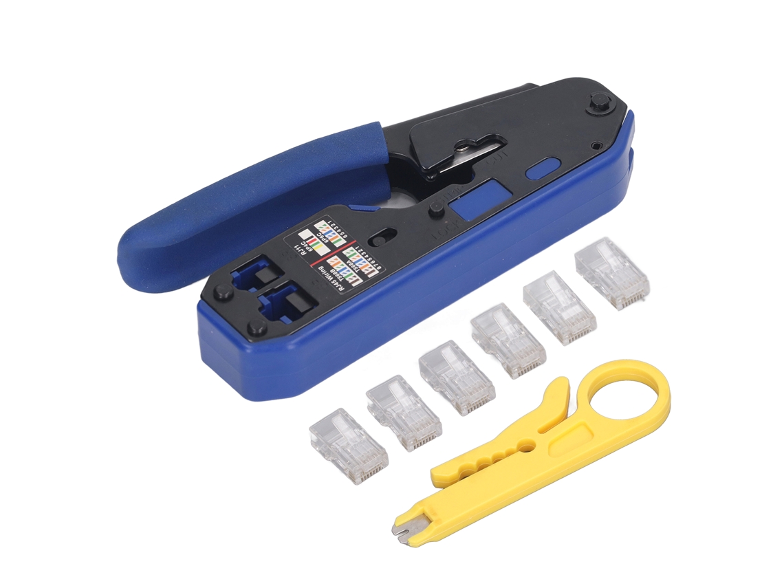Kit de herramientas de crimpado RJ45 para cables Ethernet Cat5e, Cat6 y Cat6a con crimpadora de paso.