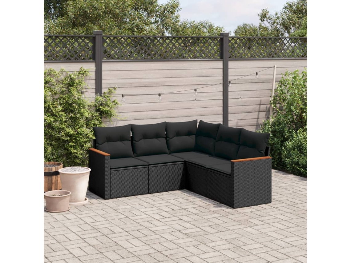 Conjunto de 5 sofás de jardín con cojines de mimbre sintético negro, Dkd Home Decor