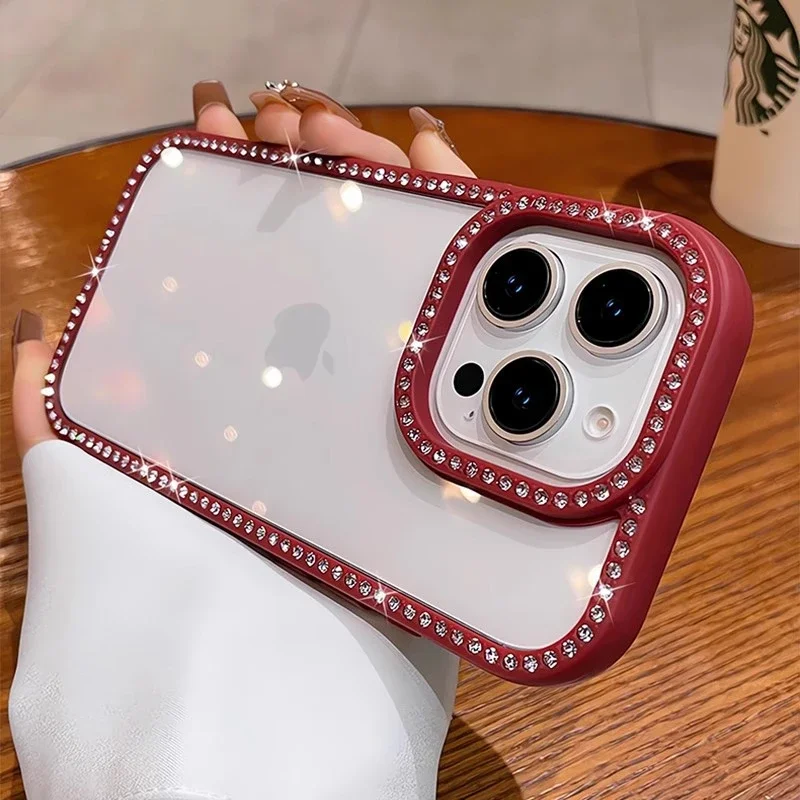 (iphone 13 Pro, Rojo) Funda Transparente Con Brillantes Diamantes De Imitación, Protección A Prueba De Golpes, Marco De Acrílico Rígido