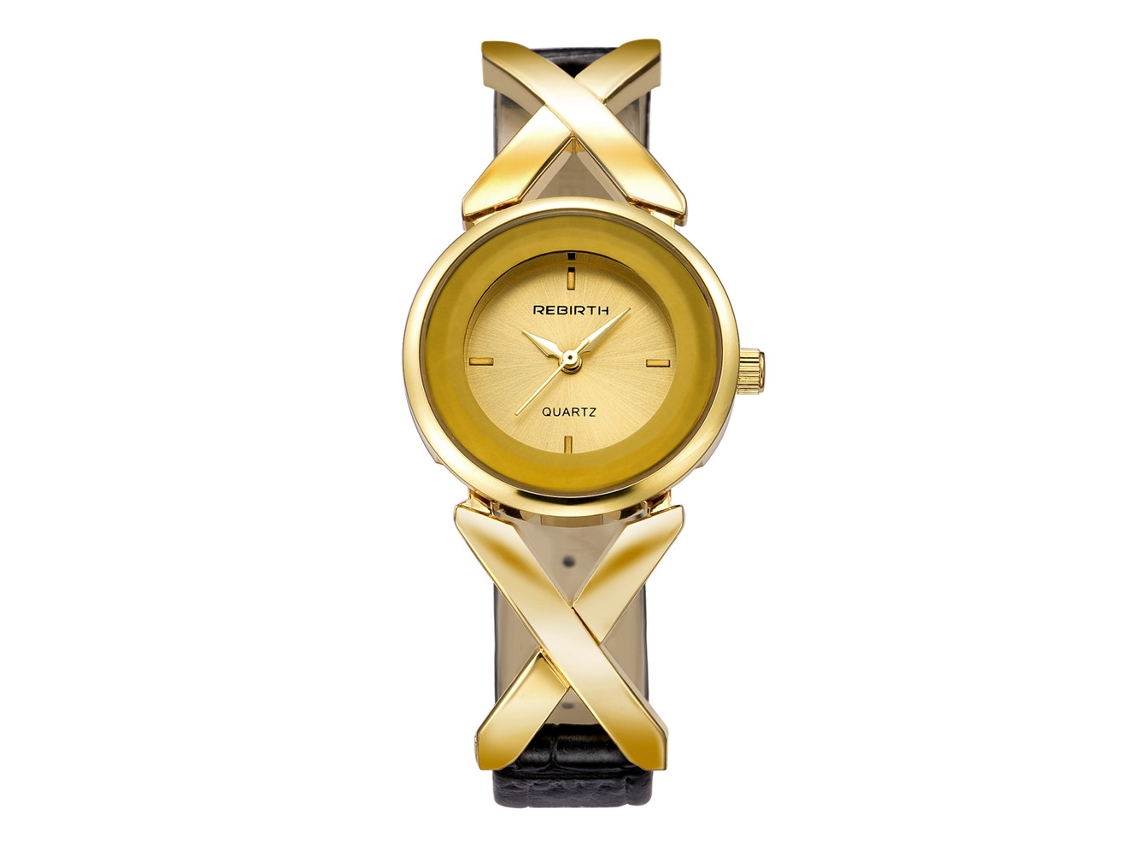 Reloj De Pulsera De Cuarzo Para Mujer Con Correa De Piel Sintética, Elegante Estilo Dorado.
