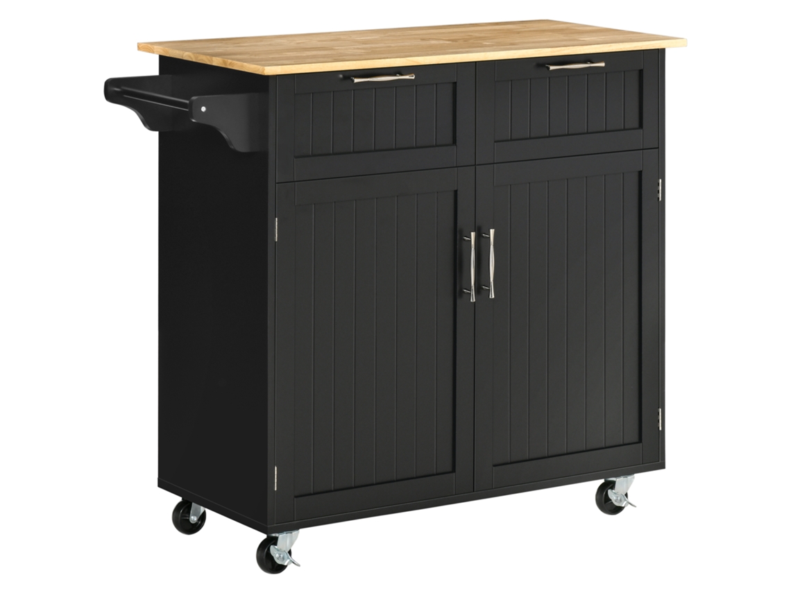Carrinho de Cozinha ZENCORE SERVICES de madeira, 2 gavetas, armário, 4 rodas, 104x46x91cm, preto