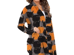 Casaco Rebe feminino com estampa de Halloween, manga comprida, frente aberta, modelagem solta, cor cinza, estampa Abóbora e Gato, tamanho GG