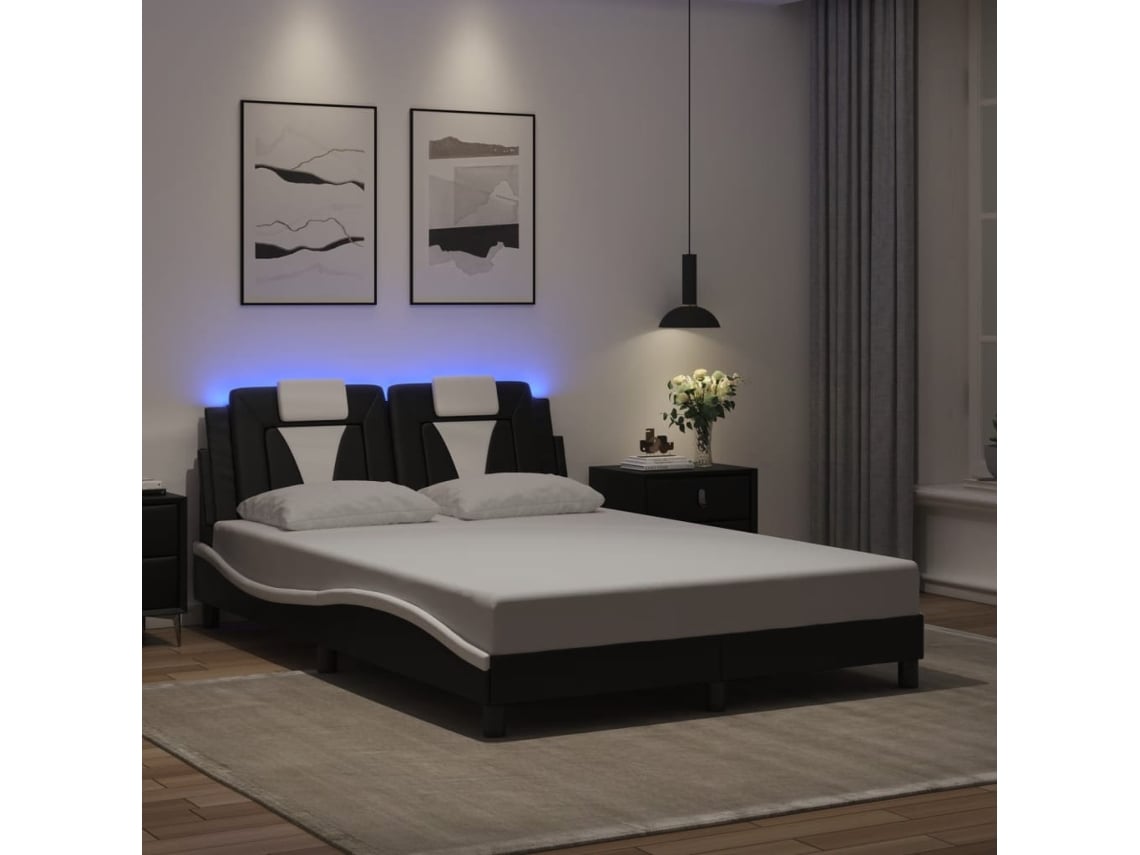 Estructura Cama Con Led Cuero Sintético Negro Blanco 140x200 Cm