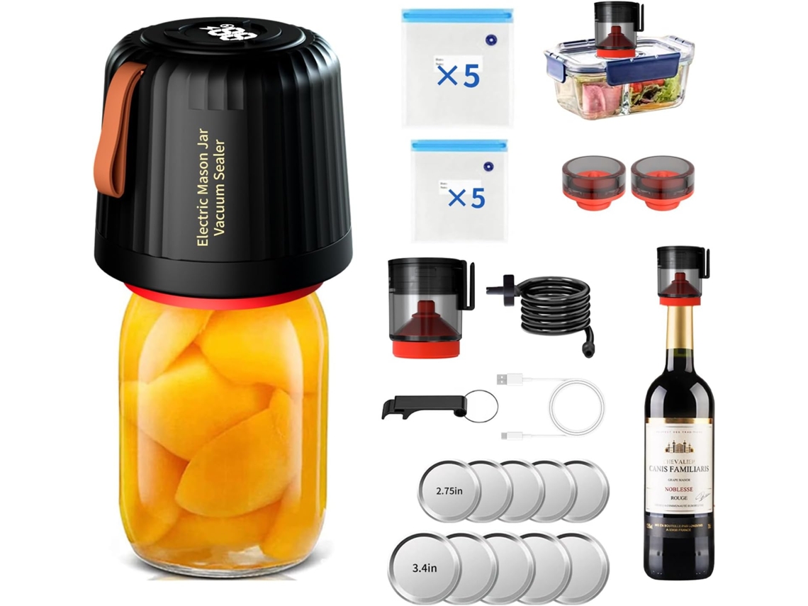 Selladora Al Vacío Para Tarros De Cristal Con 10 Tapas Y 10 Bolsas De Vacío, Chrui