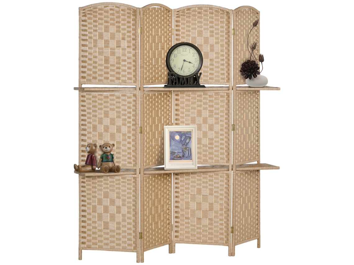 Biombo Plegable De 4 Paneles Y 2 Estantes, 160x170cm, Acabado Natural.