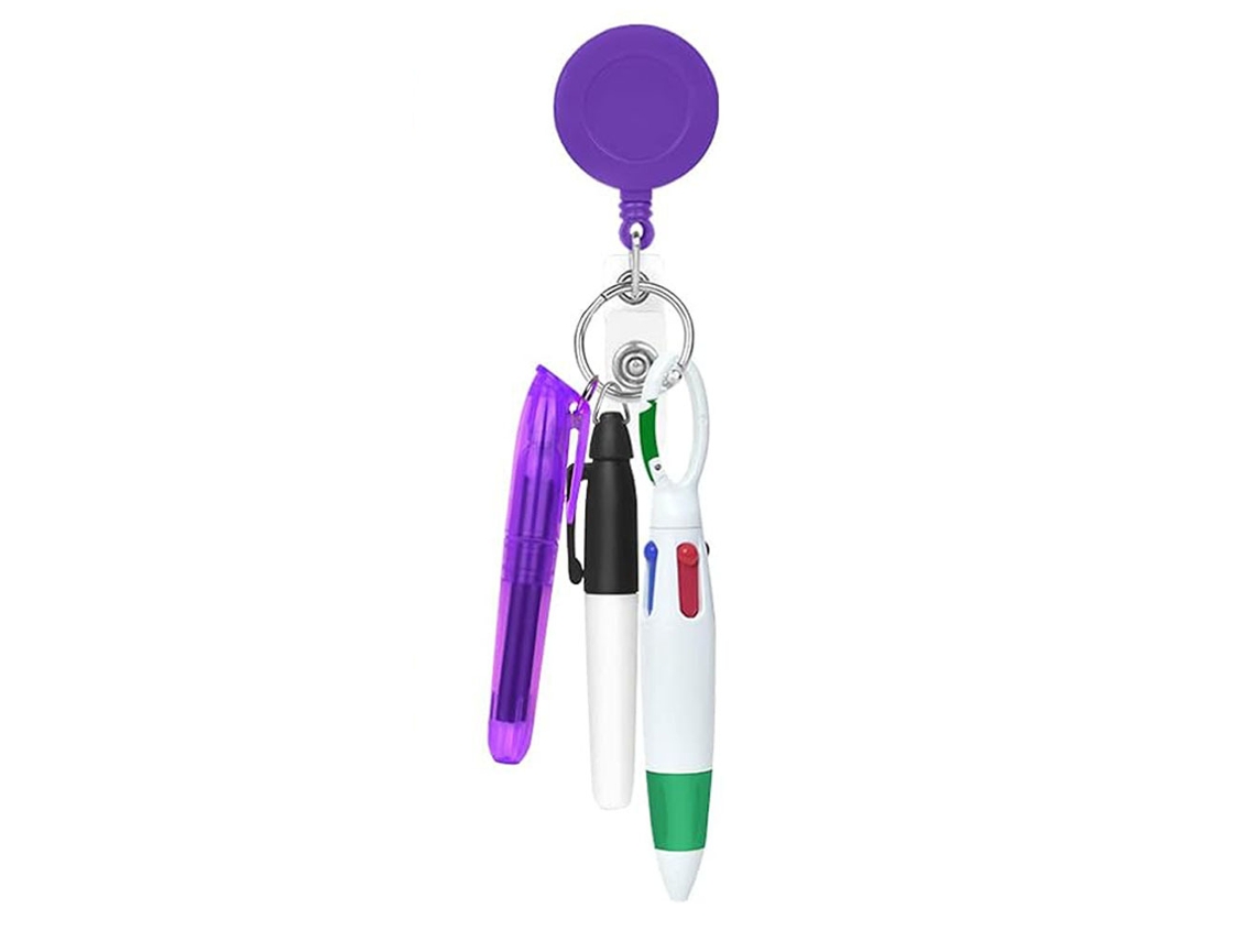 Porta credencial retráctil Chrui para enfermera, bolígrafo con correa, llavero y clips para credencial (morado)