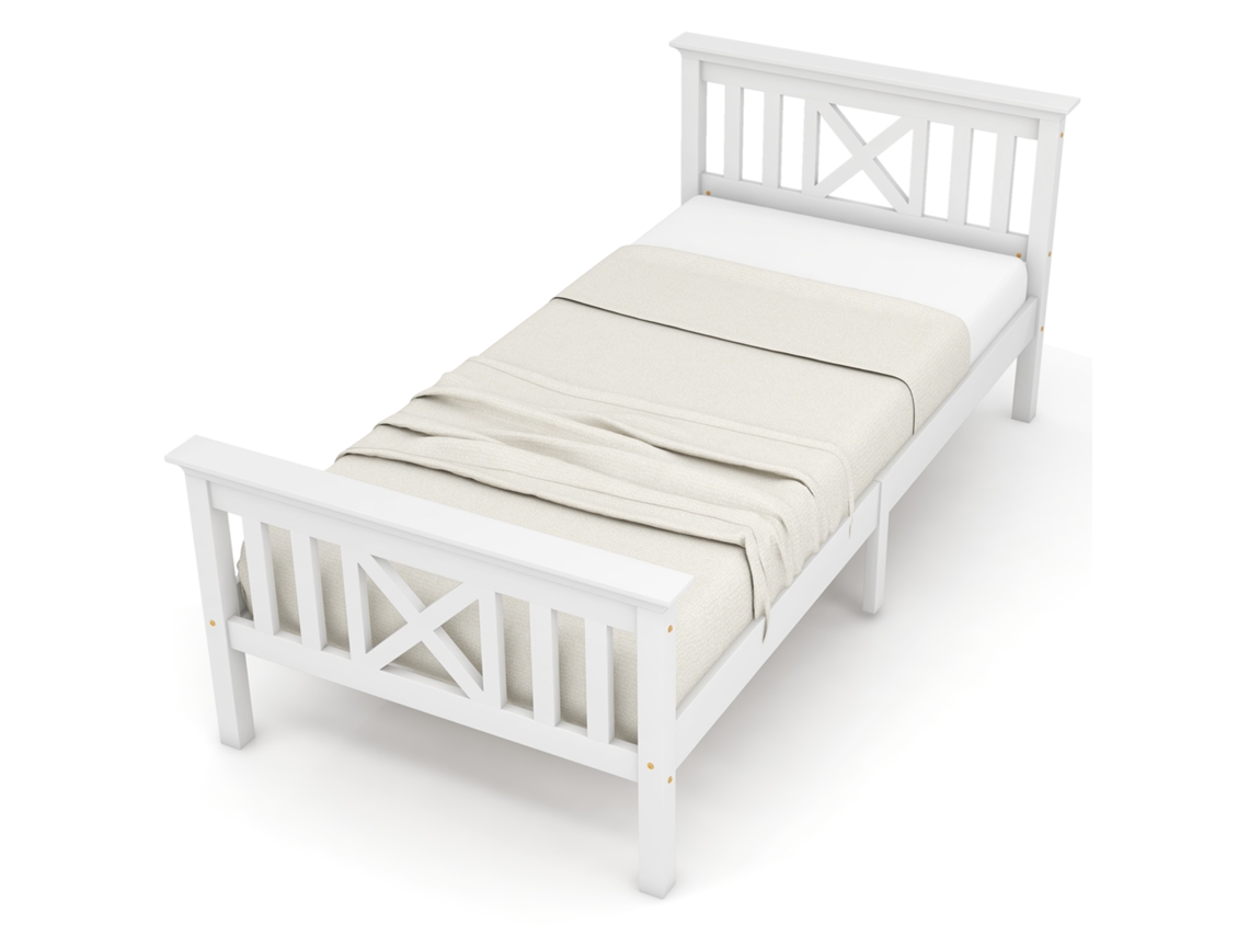 Cama de madera maciza con somier de láminas - 90 x 200 cm - Blanco