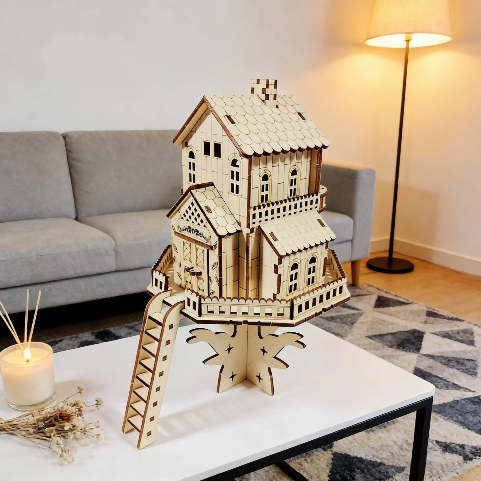 Rompecabezas de madera 3D: Cabaña estilo bosque, modelo de casa en el árbol de madera para armar.