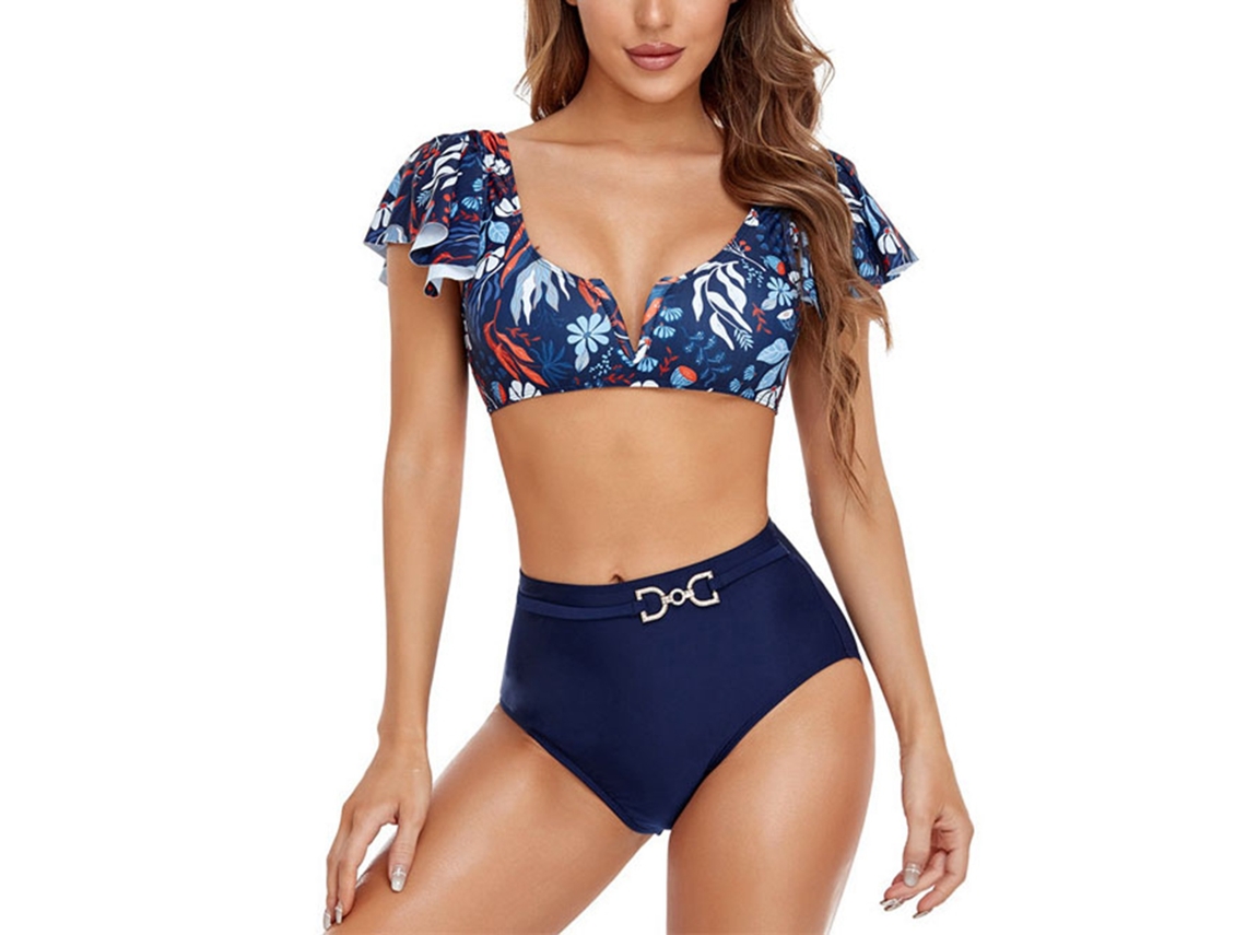 Traje de baño de dos piezas con escote en V, cola, estampado floral, azul marino, talla M.
