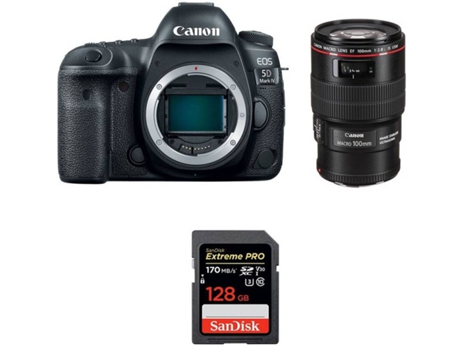 Kit Cámara CANON EOS 5D Mark IV + EF 100mm f/2.8L Macro IS USM + SanDisk 128 GB (Full-Frame)