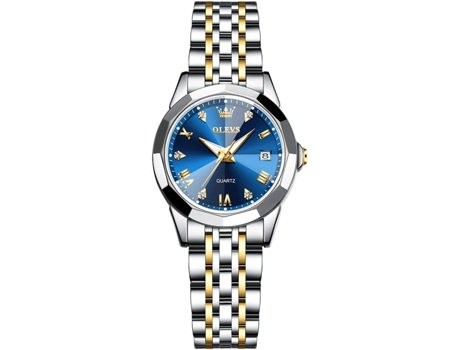 VEANXIN Reloj casual de acero inoxidable para mujer, estilo simple con diamantes en números romanos(Azul/Oro Plata)
