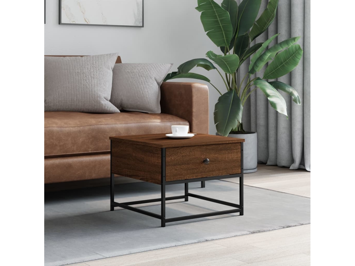 Mesa de centro HARLANV1, 51x51x40cm, fabricada con derivados de madera de roble marrón.