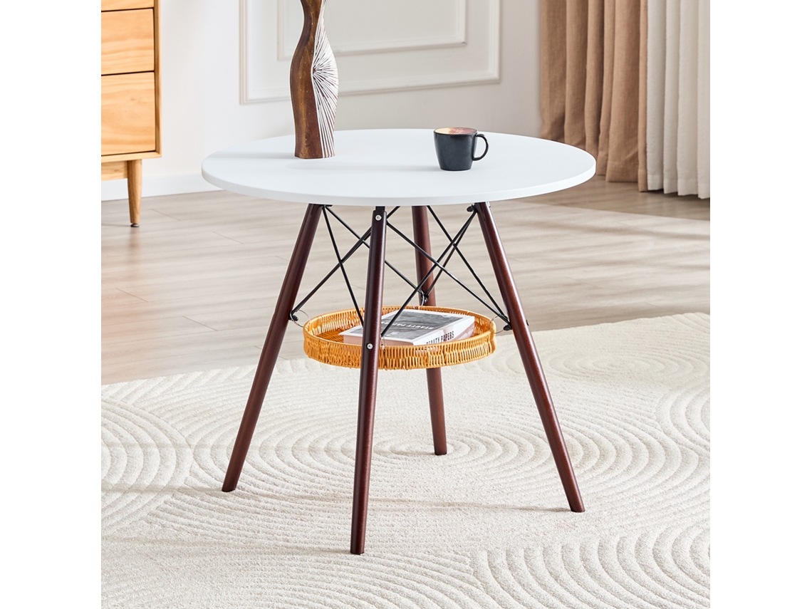 Mesa Redonda De 80 Cm, Mdf Blanco, Patas De Nogal, Cesta Tejida, 2-4 Personas.