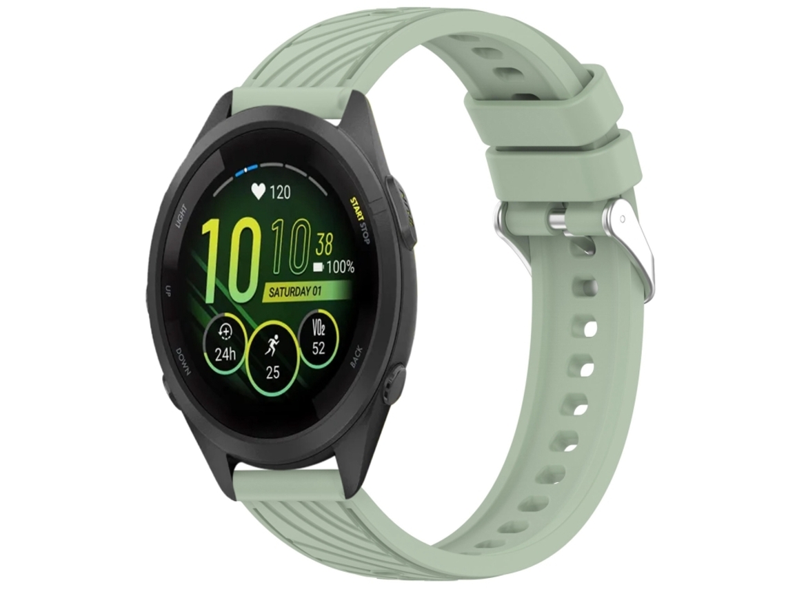 Bracelete Para Garmin Forerunner 265s (18mm) - Silicone - Textura Listrada - Fivela De Aço Prate Verde Claro