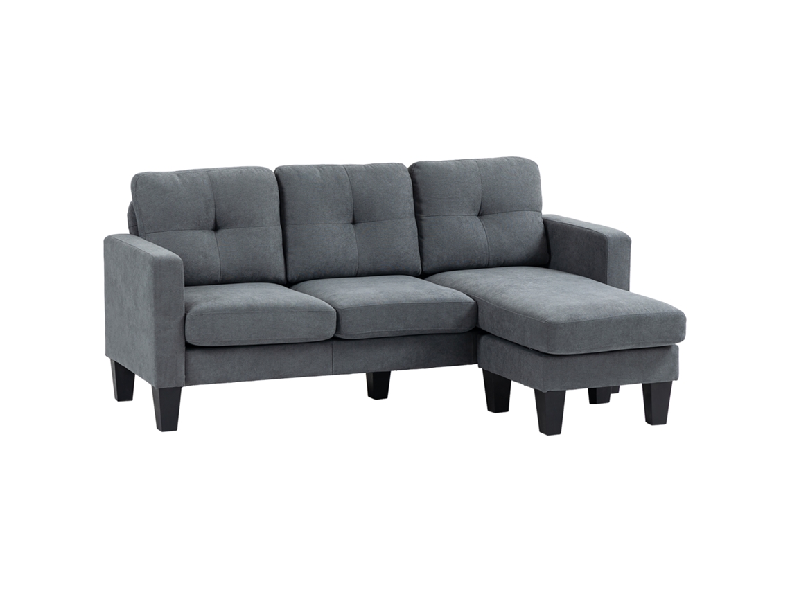 Sofá esquinero en forma de L con chaise longue reversible, tapicería gris oscuro.