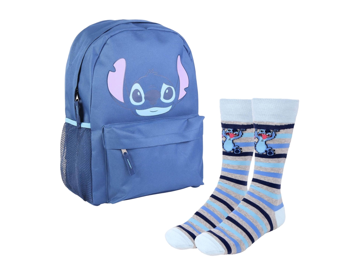 Mochila escolar infantil Stitch con 2 compartimentos y calcetines a rayas con diseño de puntadas. Licencias infantiles.