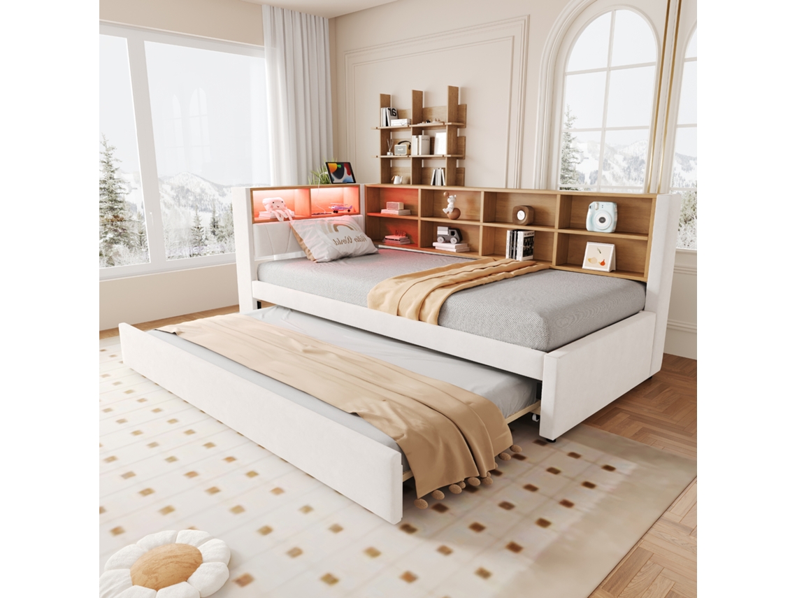 Sofá Cama De 90x200, Cama Auxiliar De 90x190, Luces Led, Enchufes, Espacio De Almacenamiento, Franela Beige.