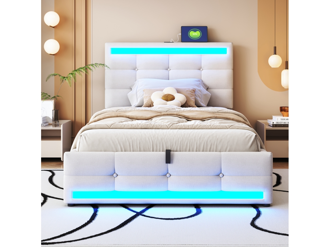 Cama con Arca Acolchada 90x200cm con Puerto USB con Tira de Luz LED Estilo Lino Beige (sin Colchón)