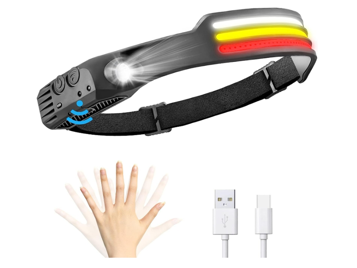 Linterna frontal LED recargable, COB blanca, amarilla y roja, con 10 modos de luz alta y baja, Yizhood (negra)