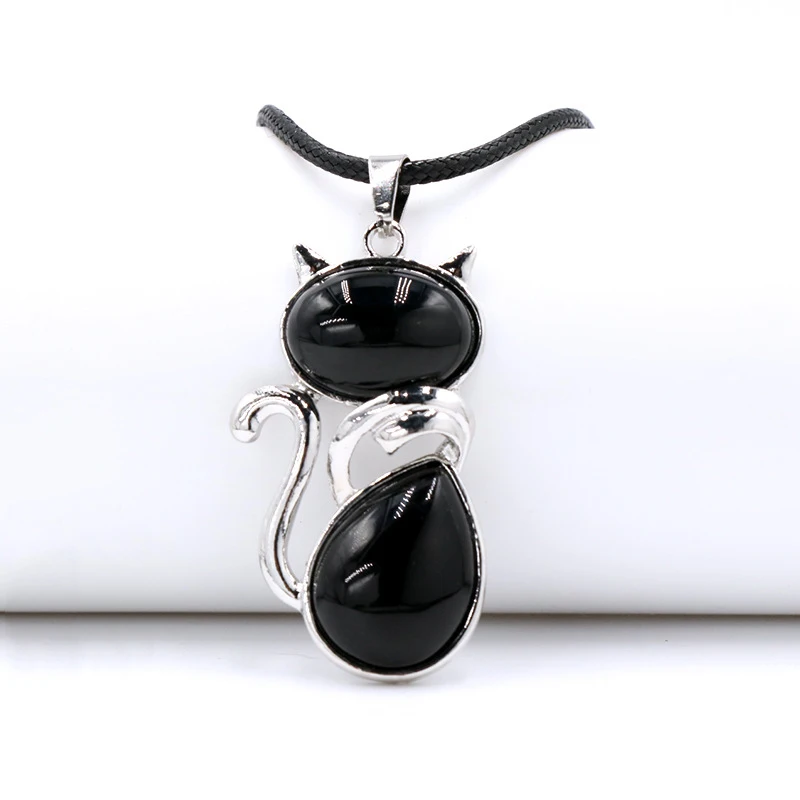 (obsidiana) Lindo Collar Con Forma De Gato Con Colgante De Obsidiana Y Amatista