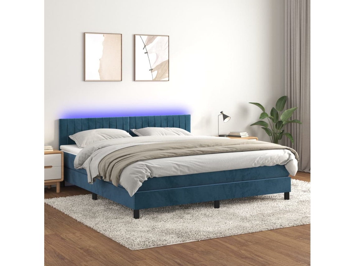Cama Box Spring Colchón Y Led Terciopelo Azul Oscuro 160x200 Cm