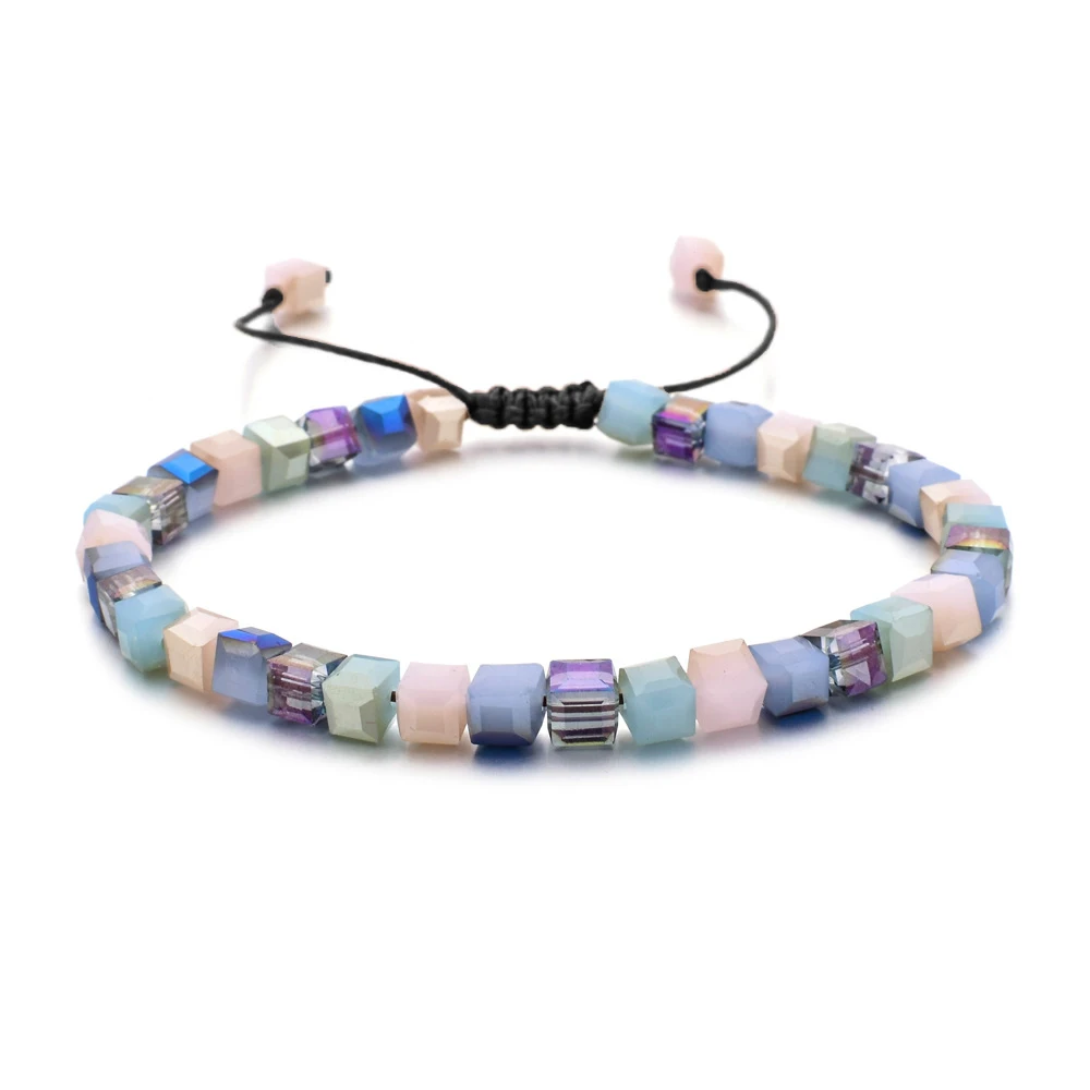 Pulsera Cuadrada De Cuentas De Cristal Con Cuerda Trenzada Ajustable.