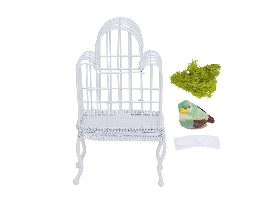 Jaula Para Pájaros En Miniatura 1:12 Con Puerta Que Se Abre, De Metal, Con Césped Artificial Y Pegatina Blanca.