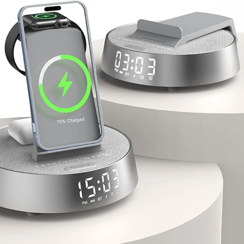 (gris Oscuro) Reloj Despertador Inteligente Con Carga Inalámbrica, Altavoz Bluetooth, Radio Y Luz Regulable.