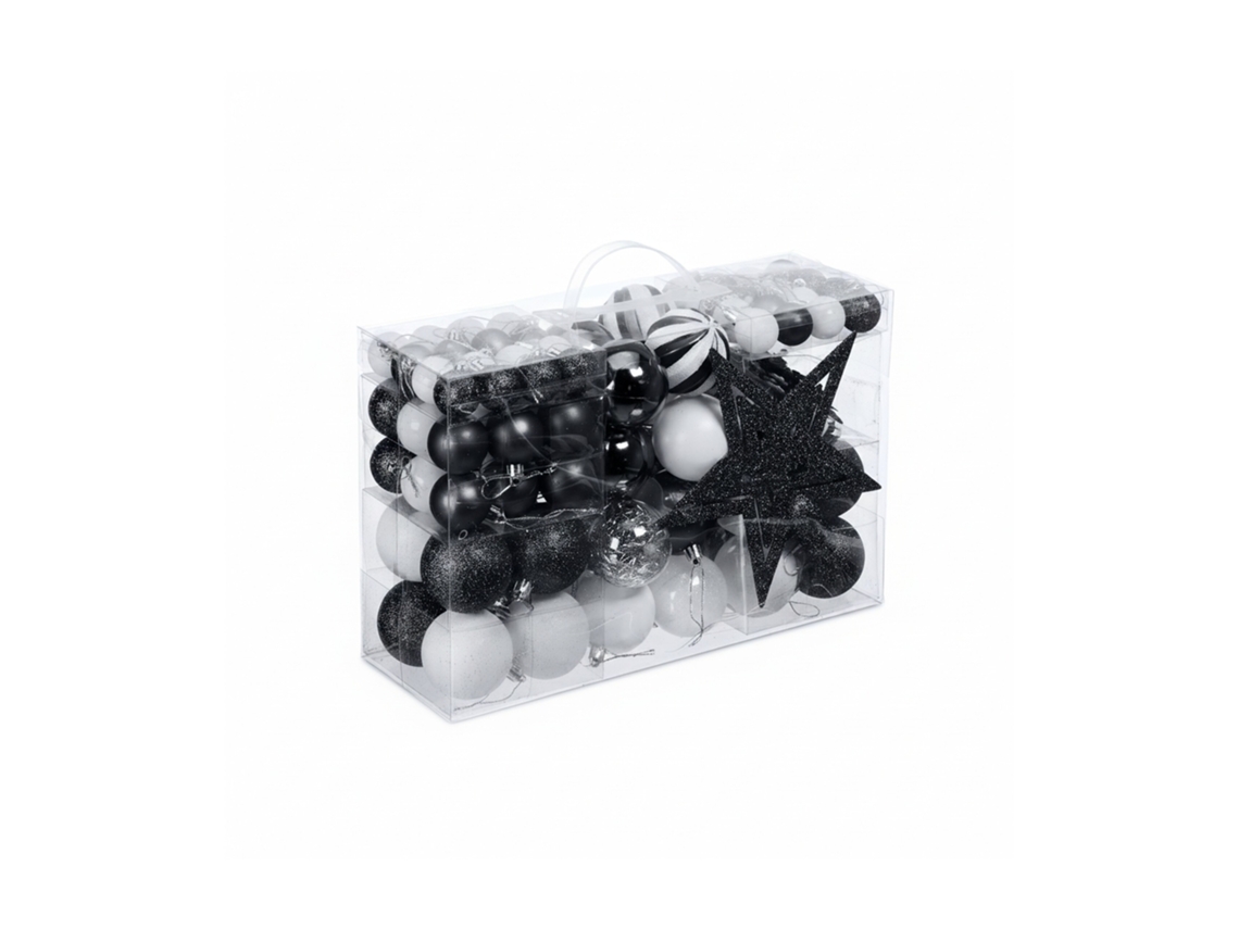 Relaxdays Set 101 Bolas Árbol Navidad, Plástico, Adornos Navideños Con Bolitas Y Estrella, Decoración, Negro/blanco