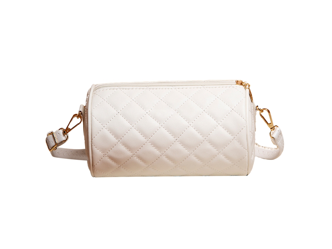 Bolso Bandolera Cilíndrico Para Mujer De Piel Sintética Estilo Coreano Con Diseño De Rombos Blancos.