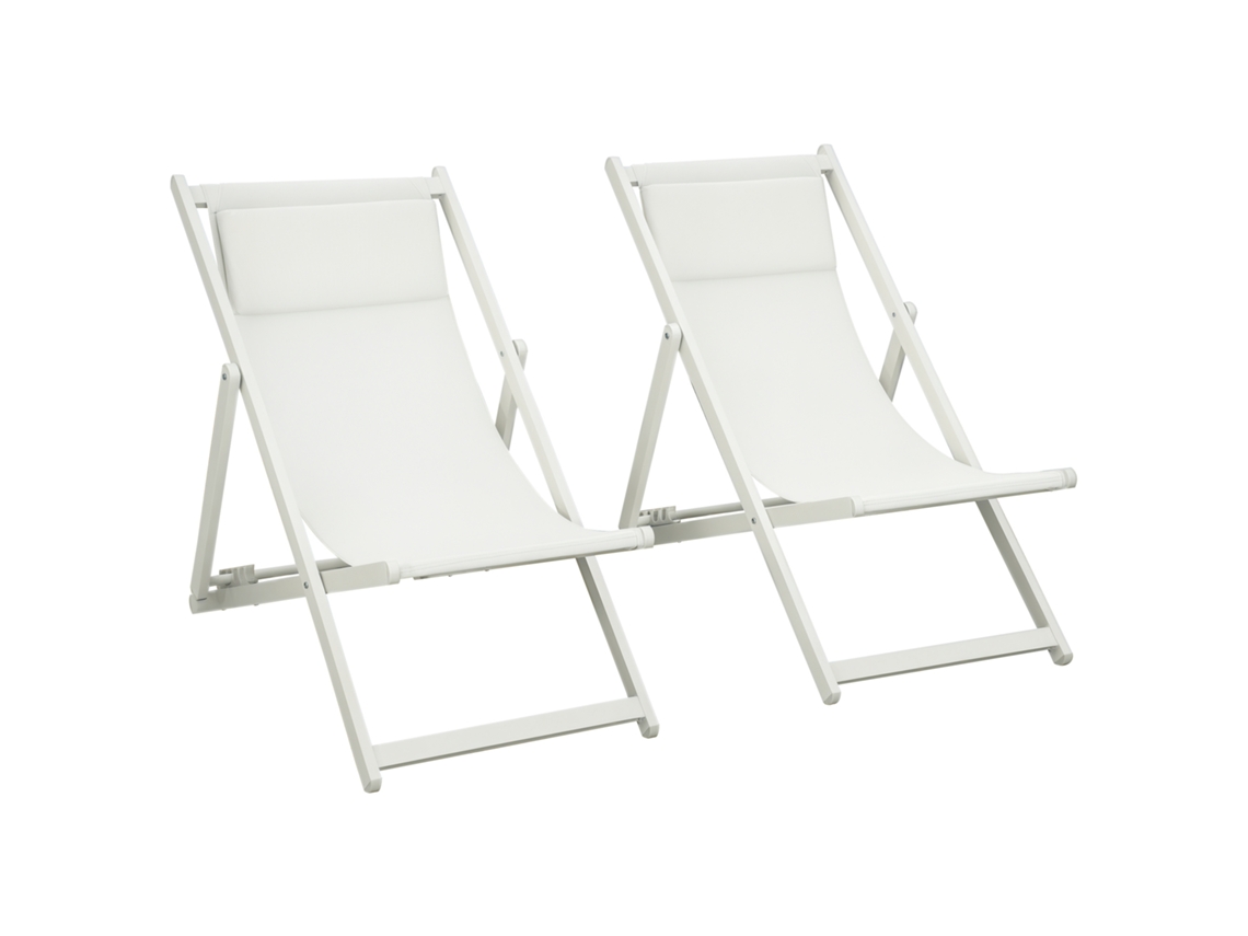 Conjunto 2 Espreguiçadeiras Alumínio Dobráveis Encosto Apoio Cabeça 5 Posições 60x100x85cm Branco