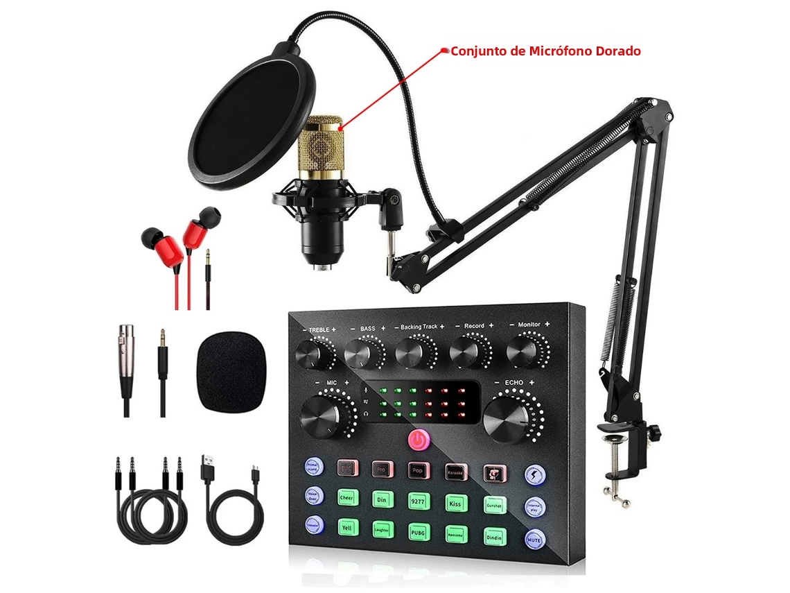 Tarjeta de sonido en vivo con micrófono, equipo para podcasting, grabación y streaming Mdug (Set Oro)