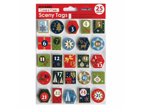 25 pegatinas para el calendario de adviento - Purpurina dorada y detalles de madera