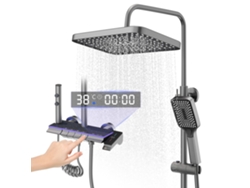 Columna De Ducha Gris En Aleación De Titanio, Cabezal Rectangular Multifunción 4 Chorros, Panel Led Efecto Cielo Estrellado, Ducha Manual Con