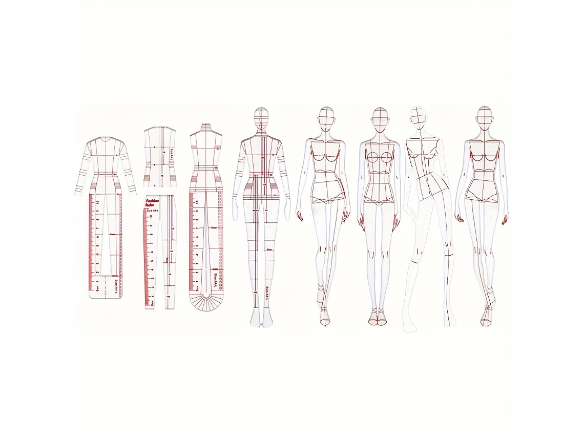 Conjunto de 8 Peças Moda Ilustração Régua Esboço Estêncil Régua Costura Padrão Humanoid Design Vestuário Medidas e Combinações MDUG