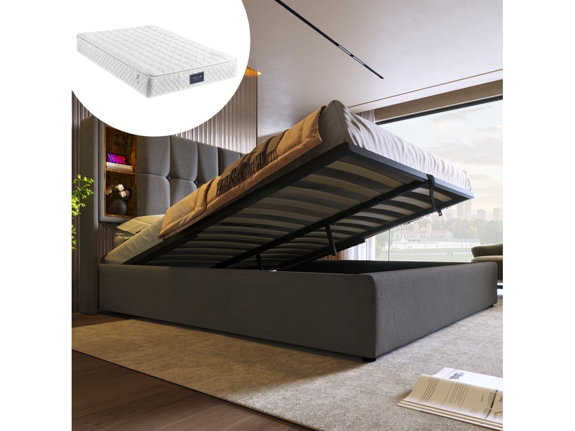 Cama 160x200 Cm De Algodón Con Almacenamiento Hidráulico, Carga Inalámbrica Usb-c, Cajones Integrados Y Colchón Incluido, Gris
