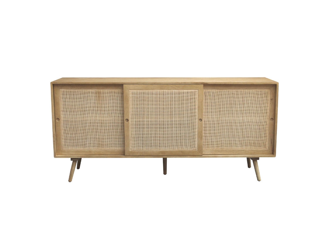 Aparador de Madera Maciza de Mango Y Caña de Ratán Con 3 Puertas Correderas 180 Cm Acange MILIBOO