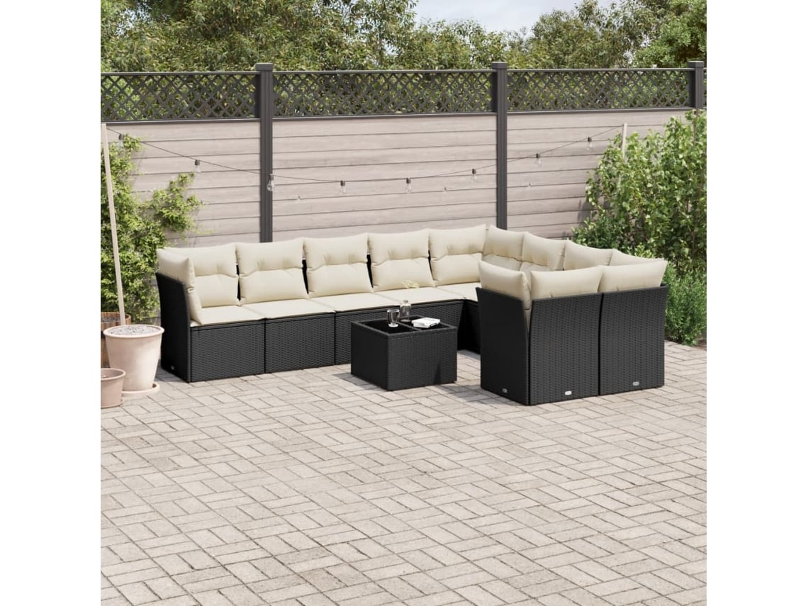 Conjunto de sofá de jardín de 10 piezas con cojines en mimbre sintético negro de DKD Home Decor