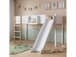 Cama Alta Infantil De 90x200 Cm, Blanca Y De Madera, Con Escalera Recta De 3 Peldaños, Tobogán Y Estante Extraíble. Una Cama Segura Y Divertida.